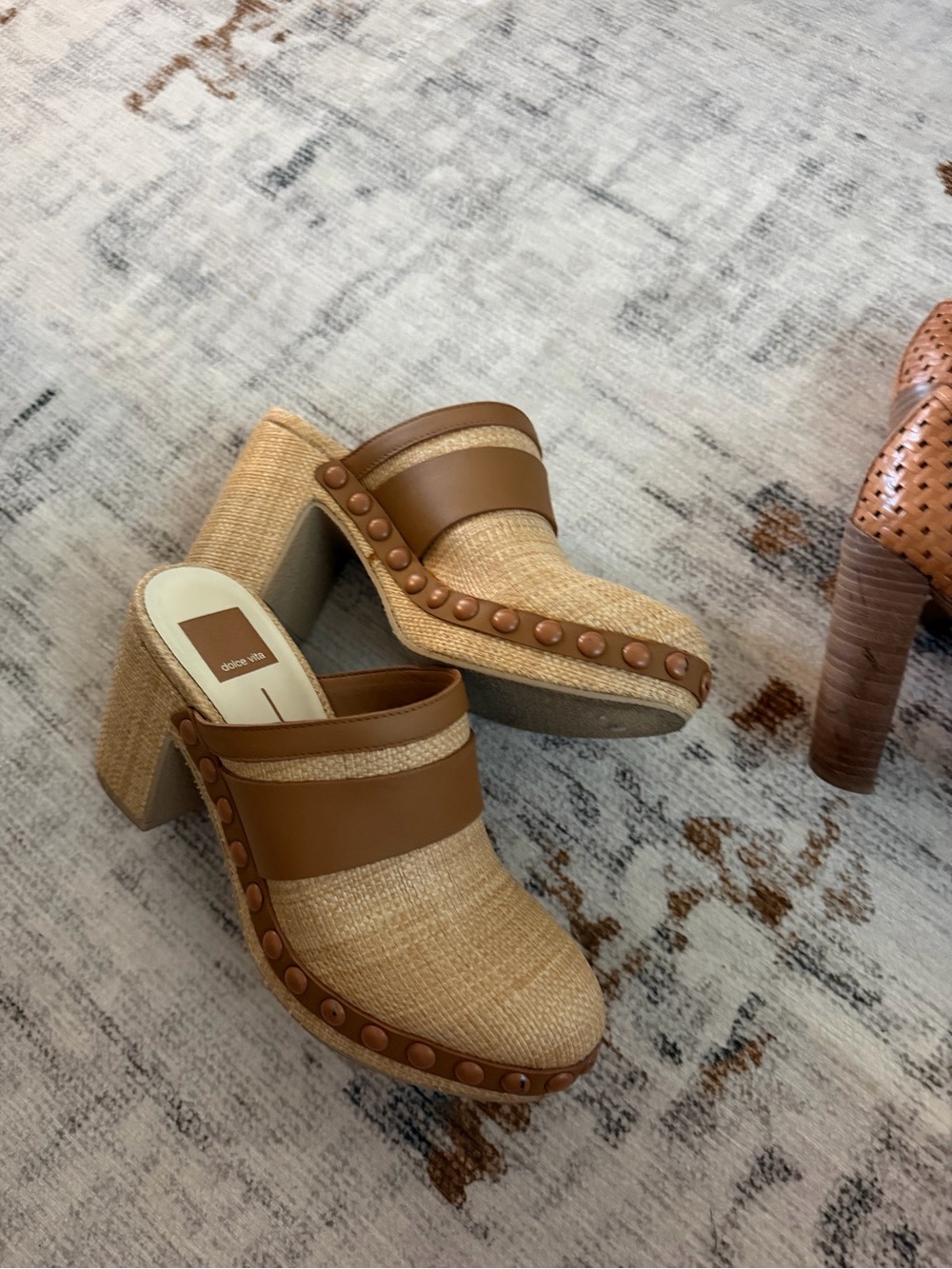 Dolce Vita Tan Raffia Platform Clog with Leather Band and Stud Trim